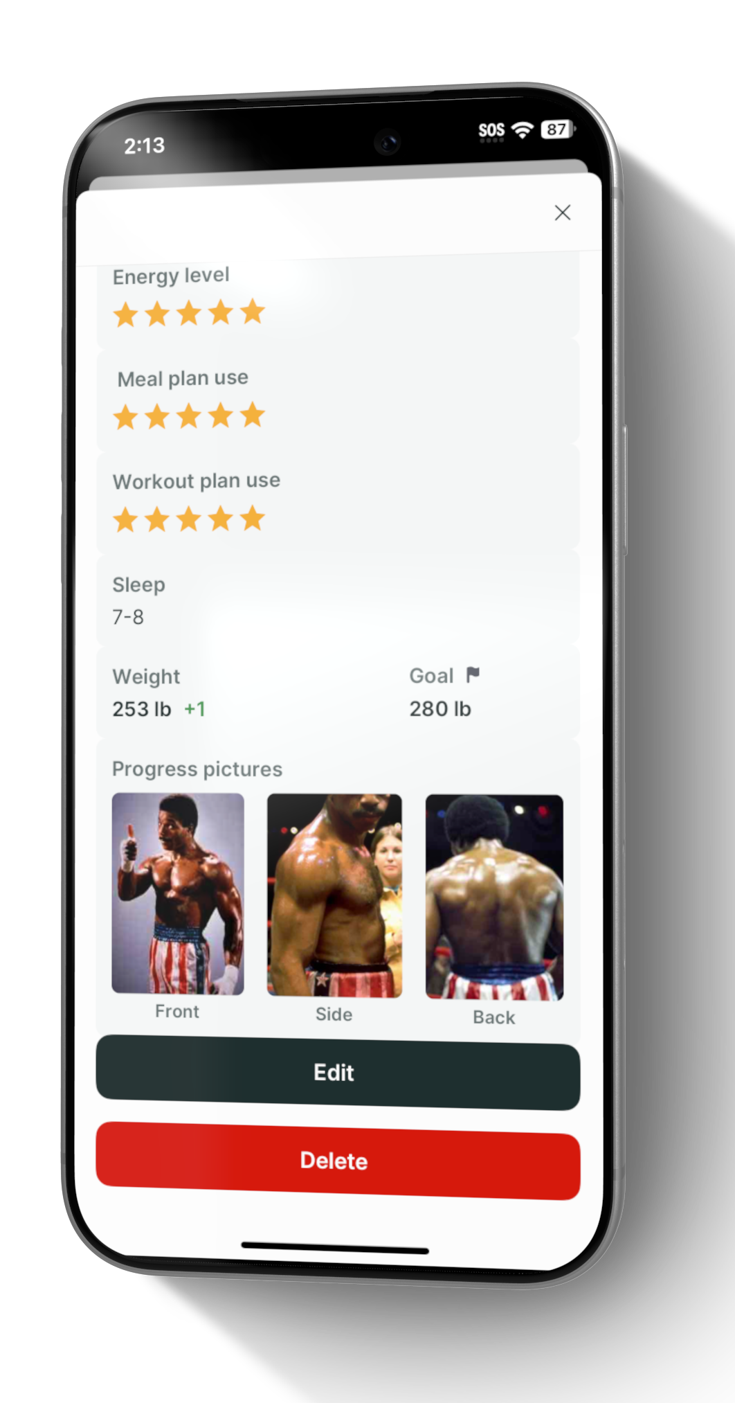 Phone displaying a checkin form and progress pictures on a white background