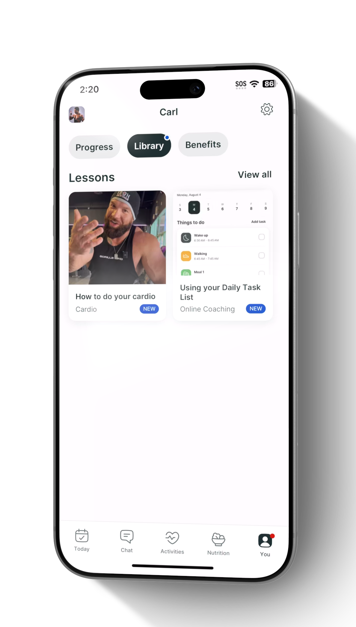 Smartphone displaying a library of lessons a white background