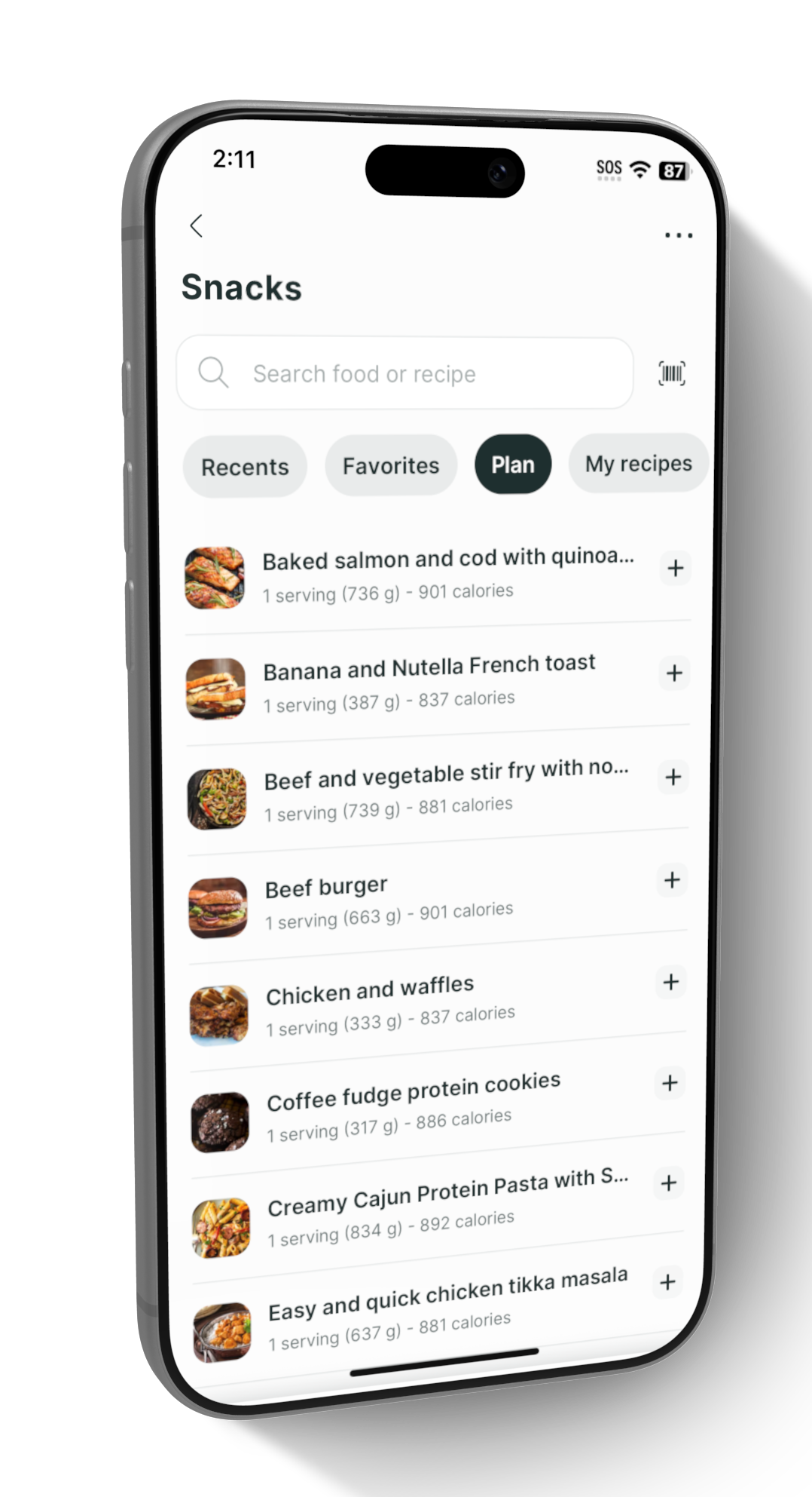 Smartphone displaying meal tracking on a white background